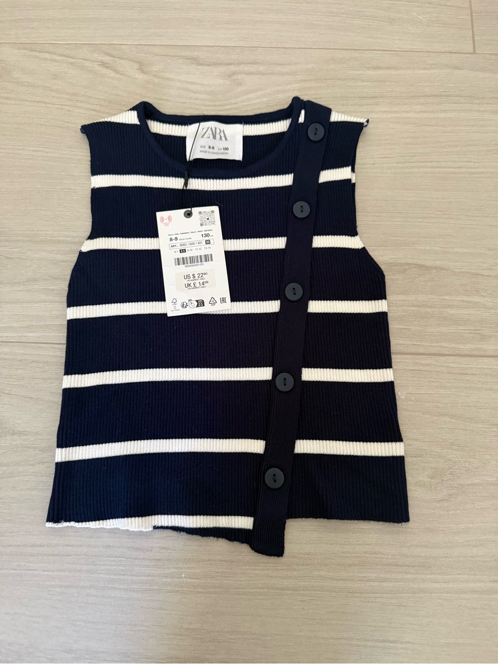 ZARA Navy & White Striped Button-Front Kids Tank